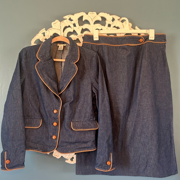 Vintage Rare Forenza Indigo Denim Blazer and Skirt with Tan Piping size 18 - Picture 2 of 12